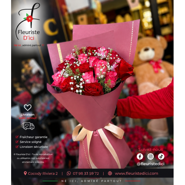 Bouquet Féerie – Roses Étincelantes & Gypsophile