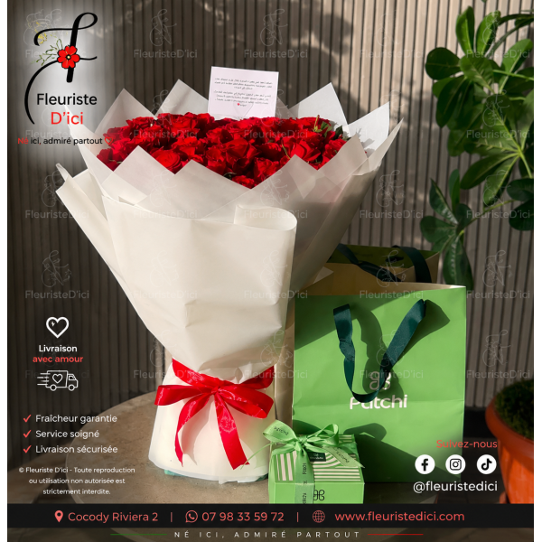 Bouquet Volupté – 50 Roses Rouges & Coffret Patchi
