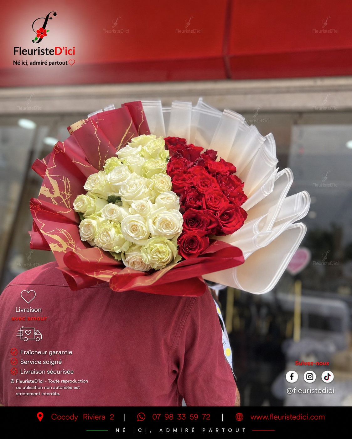 Bouquet Éternité – 40 Roses Passion & Pureté