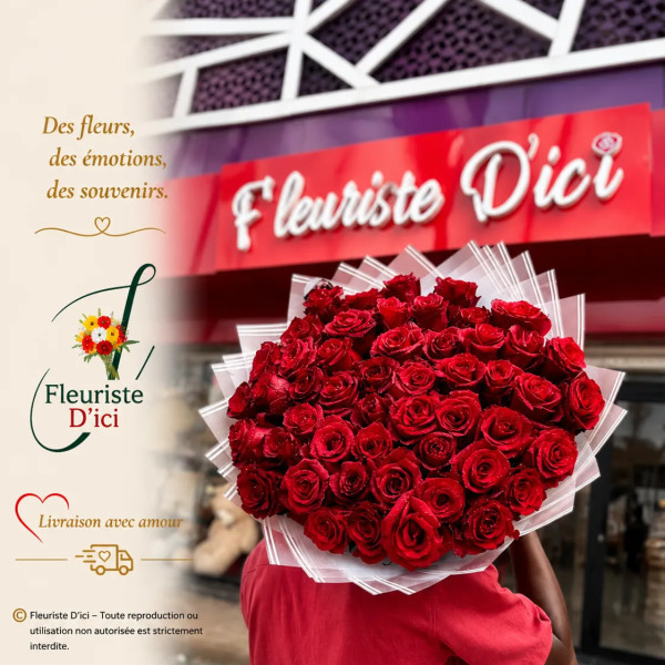 Bouquet Cône Capiteuse – 50 Roses Rouges